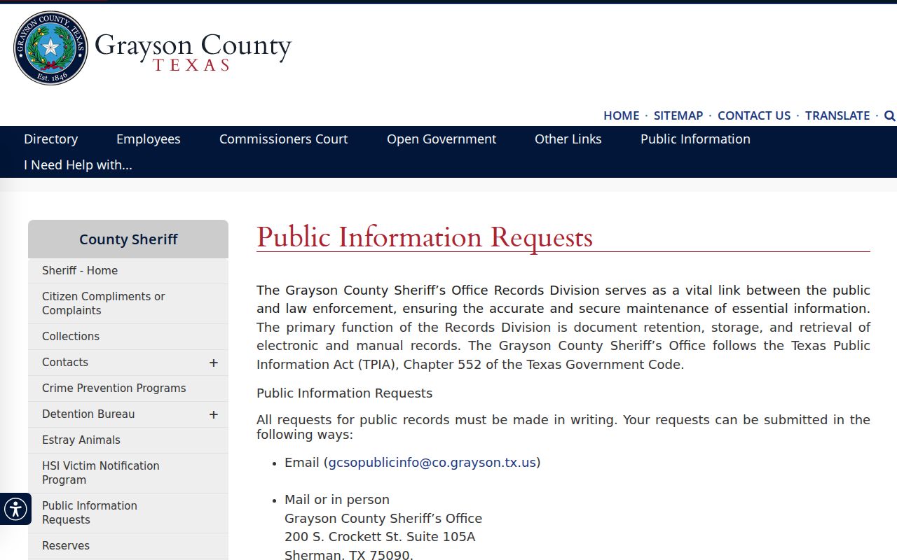 Grayson County arrest record public information request page