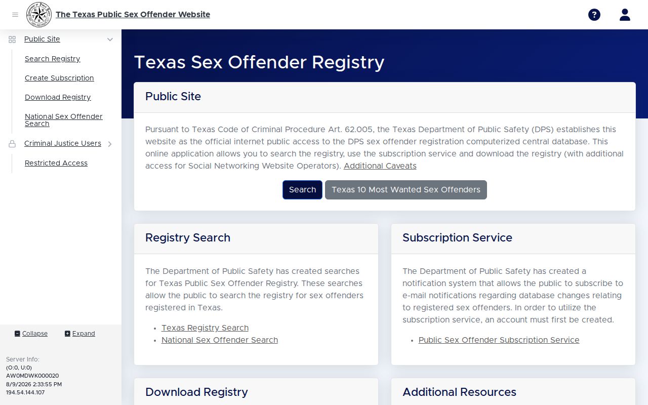 Grayson County sex offender registry public profile interface