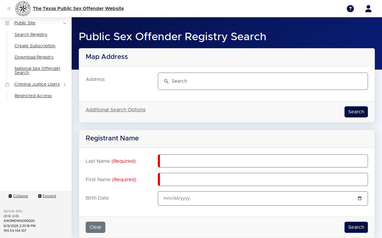 Grayson County sex offender search controls in the Texas registry