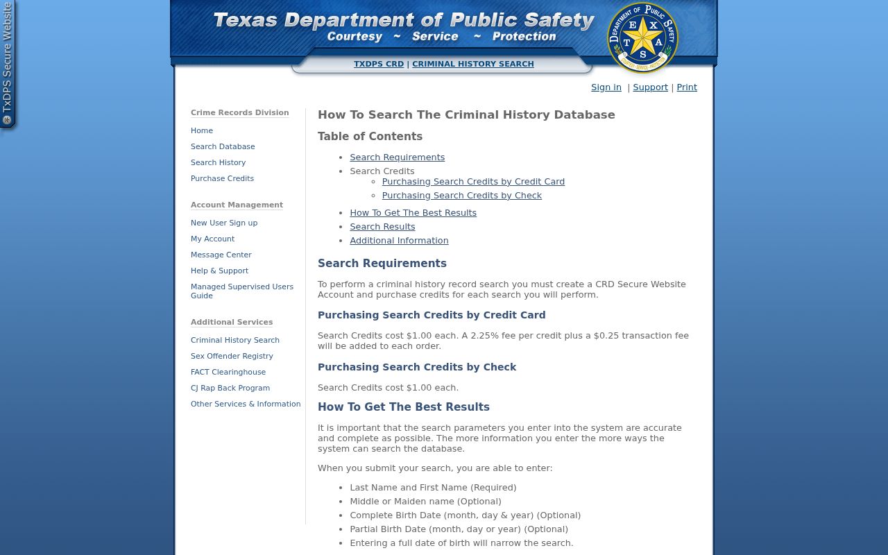 Grayson County criminal history DPS search credit instructions