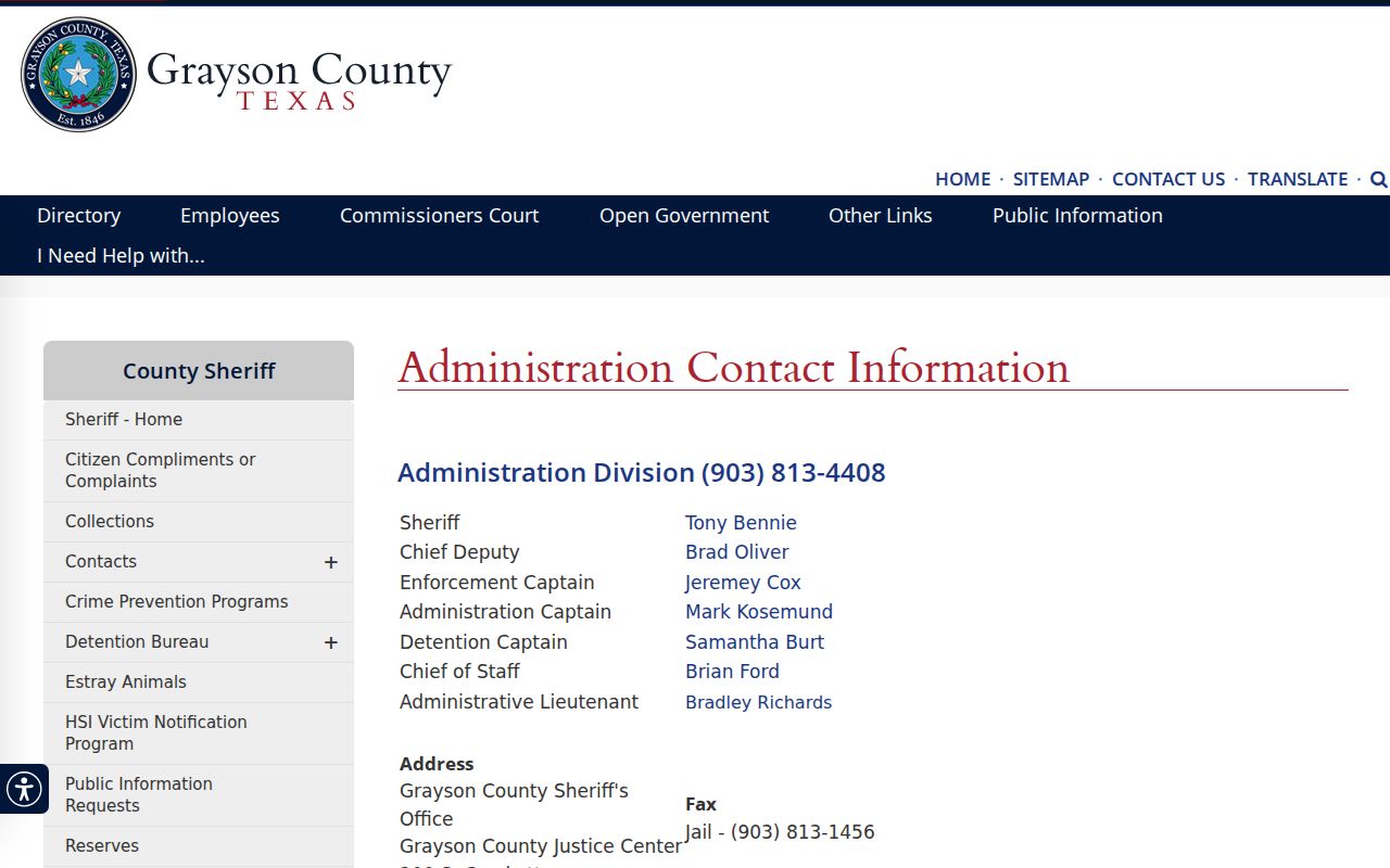 Grayson County criminal records sheriff administration page